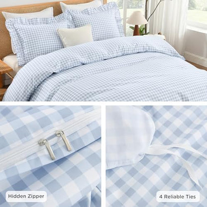 Andency Blue Gingham Duvet Cover King, Ruffle Shabby Chic Bedding Set 3 Pcs