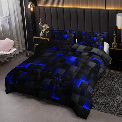Nttopship Neon Blue Black Comforter Set Full Geometric Kids Bedding Set,3 PCS Geometry Honeycomb Bed Set Modern Quilt Set 1 Comforter 2 Pillow Cases Cool Room Decor All Season B-Side Black