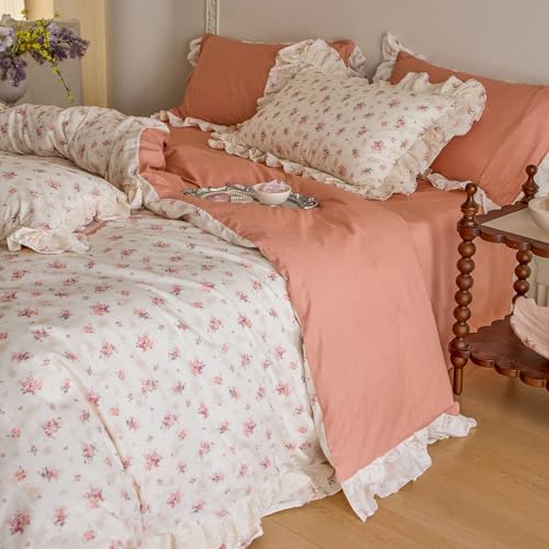 Vintage Floral Duvet Cover Set Queen, 100% Cotton Ruffle Lace Comforter Cover with 2 Pillowcases, Aesthetic Cottagecore Flower Duvet Cover with Zipper Closure, Romantic Girls Princess Bedding Set