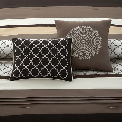 LANCO MODERN LIFESTYLE California King Comforter Set, Brown Bedding Set, Jacquard Woven with Embroidery, 8 Pieces Bed in a Bag, Bed Skirt, Shams and Decorative Pillows