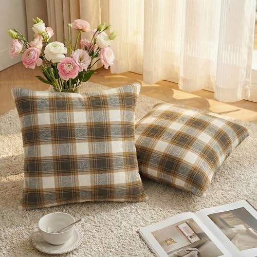 AVOIN colorlife Spring Summer Brown White Plaid Decorative Throw Pillow Covers, 18 x 18 Inch Holiday Scottish Tartan Cushion Case Farmhouse Decoration for Sofa Couch Set of 2