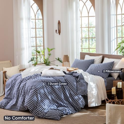 MooMee Gingham Duvet Cover Set 100% Washed Cotton Linen Like