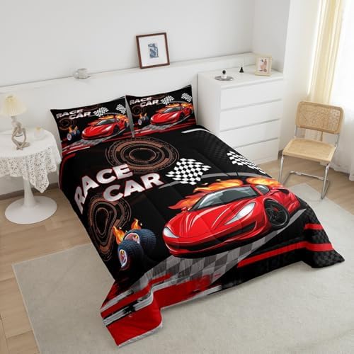 Feelyou Kids Red Race car Comforter Set Full Size Boys Girls