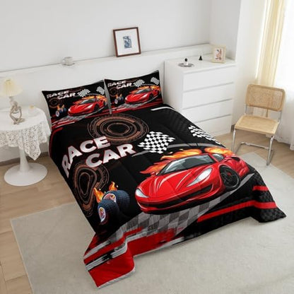 Feelyou Kids Red Race car Comforter Set Full Size Boys Girls