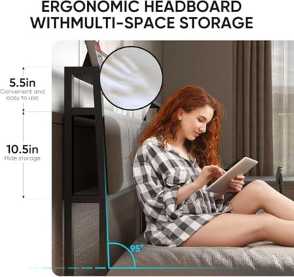 J.Fkne Full Bed Frames with Charging Station and LED Lights, Full Size Platform Bed with Metal Slats, Upholstered Headboard with 2-Tier Storage Shelves, No Box Spring Needed, Easy Assembly, Black