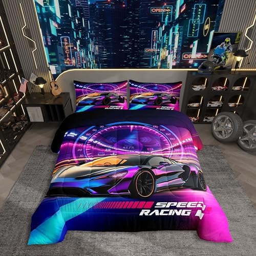 Erosebridal Race Car Bedding Set Boys Extreme Sports Comforter Set for Kids Boys Cool Car Sports Quilt Set 1 Comforter with 2 Pillowcases King Size,Hot Pink Blue and Black