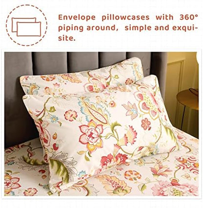 QSH 100% Egyptian Cotton Sheets Cal King Size, Red Yellow Flowers Leaves Pattern Botanical Printed Flower Bedding Sheets, 4pcs Deep Pocket Bed Sheet Set