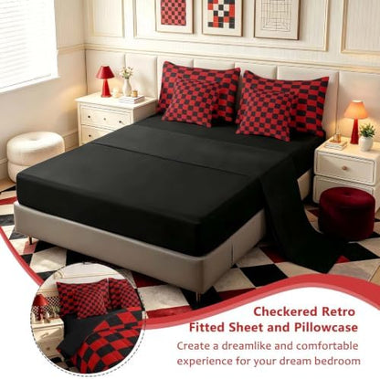 Feelyou Checkered 7 Piece Bedding Set Teen Red Black Plaid Comforter Set with Sheets Queen Size Kids Boys Cute Retro Neutral Checkerboard Geometric Bed in a Bag Vintage Aesthetic Room Decor