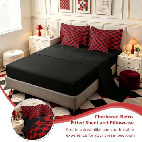 Feelyou Checkered 7 Piece Bedding Set Teen Red Black Plaid Comforter Set with Sheets King Size Kids Boys Cute Retro Neutral Checkerboard Geometric Bed in a Bag Vintage Aesthetic Room Decor
