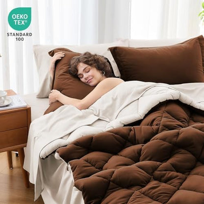MUXHOMO 7 Pieces King Comforter Set, Reversible Bed in a Bag King Size, All Season Bedding Set with Comforter, Flat Sheet, Fitted Sheet, Pillowcases & Shams, Brown & Khaki