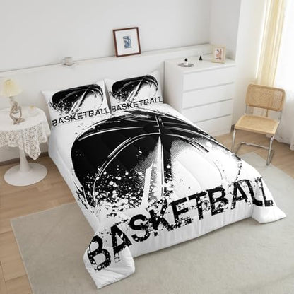 Basketball Comforter Set for Teens Sports Gaming Bedding Set Black White Graffiti Bedding Home Decor for Kids Comforter Twin Size 2 Pcs Watercolor Quilted Duvet Set 1 Comforter with 1 Pillowcase