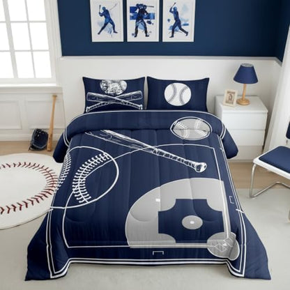 Erosebridal Kids Baseball Queen Size Comforter Set for Boys Girls Sport Bedding Set, Baseball Printed Reversible Down Comforter Navy Blue Grey Bed Set, Ball Gaming Quilted Duvet