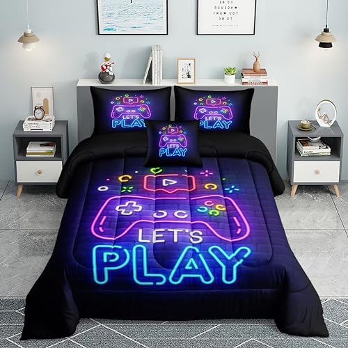 Gaming Comforter Sets Queen 6PCS,Queen Purple Bedding Sets for Boys,Gaming Comforter Set,Queen Size Bedding Sets for Boys,Bed in A Bag with Sheets(Queen,Purple Color)