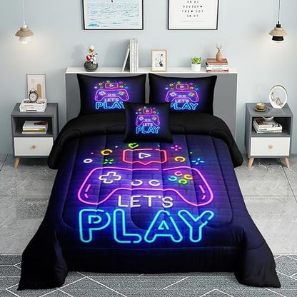 Gaming Comforter Sets Queen 6PCS,Queen Purple Bedding Sets for Boys,Gaming Comforter Set,Queen Size Bedding Sets for Boys,Bed in A Bag with Sheets(Queen,Purple Color)