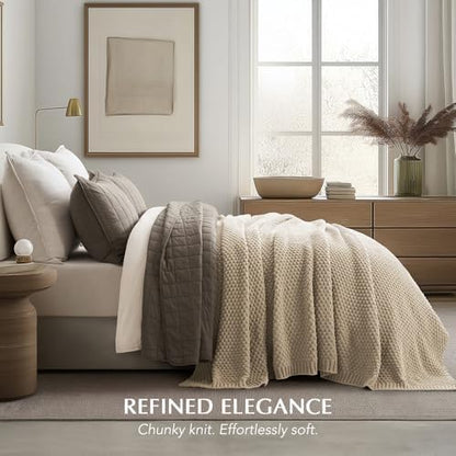 EVERGRACEHOME Chunky Chenille Knit Throw Blanket, 90 x 90, Sand Dune