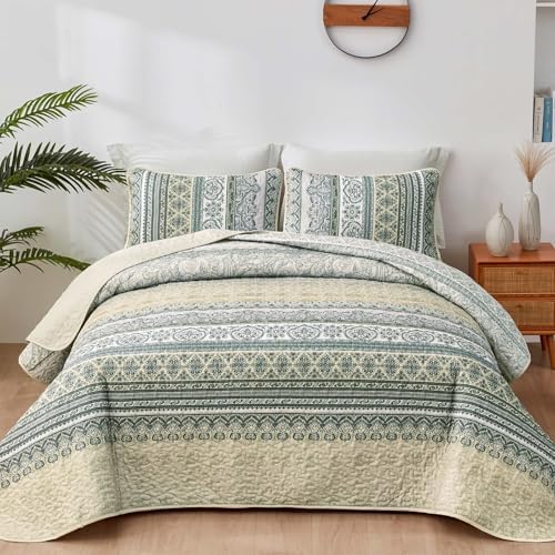 WONGS BEDDING Boho Quilt Queen Size,3 Pcs Beige Bedspread Bedding Set
