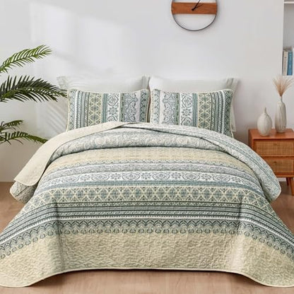 WONGS BEDDING Boho Quilt Queen Size,3 Pcs Beige Bedspread Bedding Set