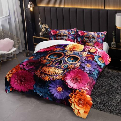 Pink Sugar Skull King Size Comforter Set，Girls Colorful Floral Skull King Size Bedding Set，with 1 Comforter with 2 Pillow Case