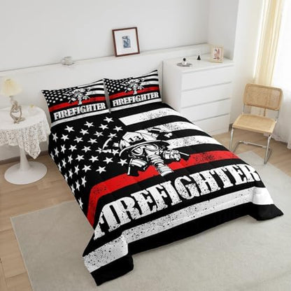 Manfei Firefighter Comforter Set Twin Size, American Flag Quilt Set with 1 Pillowcase, Firefighting Theme Bedding Set 2pcs for Kids Boys Teens Bedroom Decor Black White Red Duvet Insert