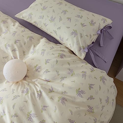 mixinni Lavender Flower Duvet Cover Queen Cotton Teenage Girls Flower Leaf Print 3pc Soft Cottage Ribbon Bedding Set Comforter Cover with Bowknot Pillowcase Perfect for Girls- (3pcs, Queen Size)