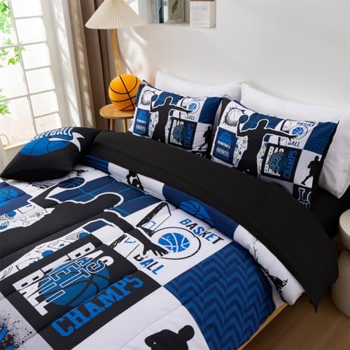 Aimuan Basketball Bedding Set for Boys Kids Teens, Soft Black and Blue Sports Geometric Grid Patchwork Theme Basketball Bedding Sets Queen Size, Blue