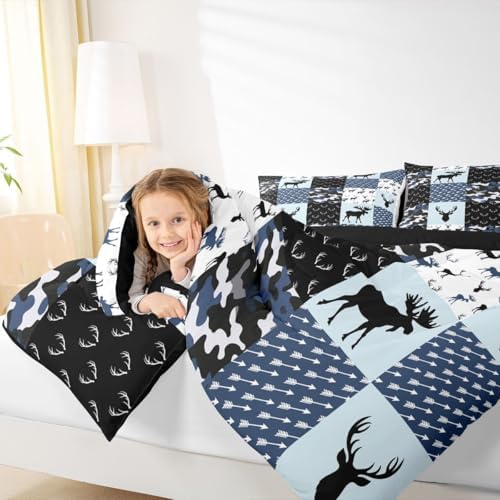 Cute Deer Comforter Set Full, Military Camo Bedding Set for Kids Boys Teens Bedroom Tribal Animal Antlers Silhouette Quilted Comforter Checkered Plaid Arrows Bedding, Army Blue and White