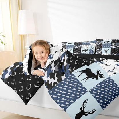Cute Deer Comforter Set Full, Military Camo Bedding Set for Kids Boys Teens Bedroom Tribal Animal Antlers Silhouette Quilted Comforter Checkered Plaid Arrows Bedding, Army Blue and White