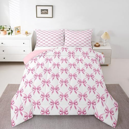 Manfei Pink Bow Comforter Set King Size, Cute Bowknot Geometric Lattice Bedding Set 3pcs, Princess Kawaii Bow Tie Patchwrok Down Comforter for All Season, Kids Girls Room Decor, 2 Pillowcases