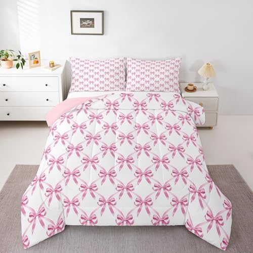 Manfei Pink Bow Comforter Set Full Size, Cute Bowknot Geometric Lattice Bedding Set 3pcs, Princess Kawaii Bow Tie Patchwrok Down Comforter for All Season, Kids Girls Room Decor, 2 Pillowcases