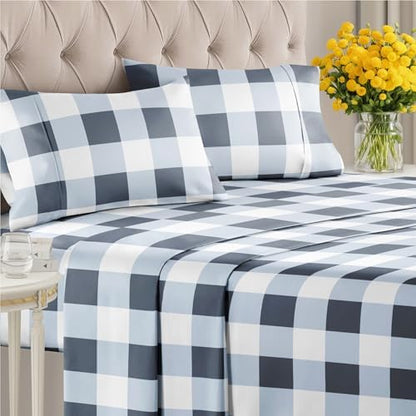 King 4 Piece Striped Sheet Set - Soft, Breathable & Cooling - Navy Gingham