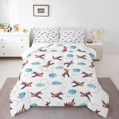 Boys Airplane Comforter Set Twin Size,Vintage Watercolor Airplane Bedding Set for Kids Space Room Decor,Cartoon Bedding Aircraft Blue Clouds Comforters Soft Lightweight Bedding Quilted 1 Pillow Case