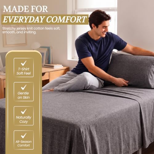 Twin XL Cotton Knit Jersey Sheet Set, 15" Deep Pocket,Heather Grey, 3pc