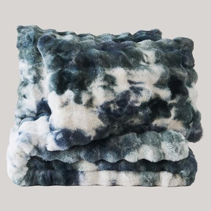 Wonderful - 3 Pieces Faux Rabbit Fur Comforter Set King Size, Teal Tie Dye Plush Bedding Set, 3D Sculpted Bubble Warm Fluffy Comforter for Winter
