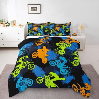 Feelyou Dirt Bike Comforter Set All Season Motocross Bedding Set Toddler