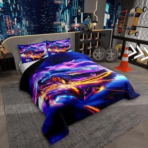 Erosebridal Blue Racing Car 3 Piece Bedding Set King Size Extreme Sport Comforter Set with Pillowcases for Kids Boys Girls Teens Toddler Race Cars Bed Set,Blue Purple Black Soft Quilt