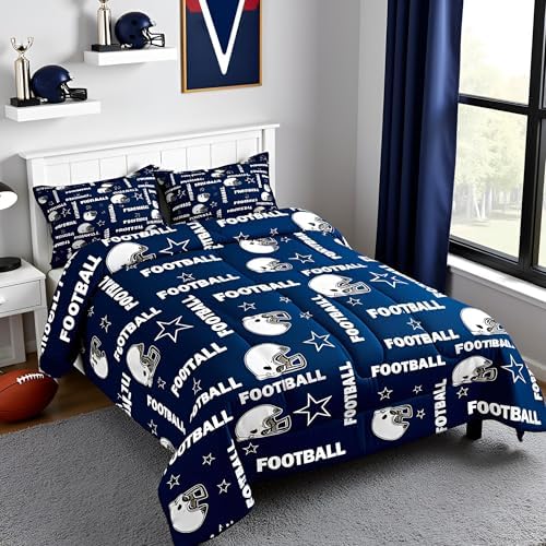 Boys American Football Comforter Set Queen Size,Navy Blue Football Stars Printed Bedding Set 3Pcs with 2 Pillowcases,Modern Style Down Comforter Kids Teens Decor Cozy Soft Quilt,Bed in a Bag