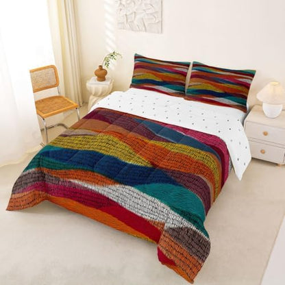 Castle Fairy Bohemian Wavy Comforter Set Toddler Size,Rainbow Embroidered Waves Bedding Set for Kids Teens,Geometric Tribal Ethnic Down Comforter,2 Pcs 1 Pillowcase