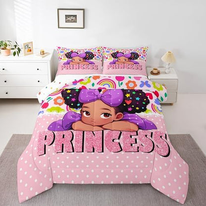 Castle Fairy African American Black Girl Comforter Set Twin Size,Pink Black Princess Girls Bedding Set,Cute Glitter Kids Quilt Set Teens Flower Star Colorful Dots Reversible Print Duvet Insert 2Pcs