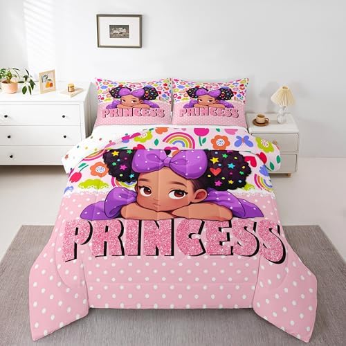 Black Pink Girl Comforter Set King Size,Princess Girls Pink Diamond Glitter Bedding Set 3Pcs,Cute African Theme Americans Quilt Set Women Teens Cartoon Colorful Flower Duvet Insert,2 Pillowcases