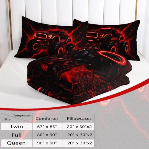 AILONEN Full Comforter Set 3 Piece, Red Neon Off Road Truck 3D Printed Bedding with 2 Pillowcases, Soft Breathable Microfiber Electric Graphic Decor for Guest Room