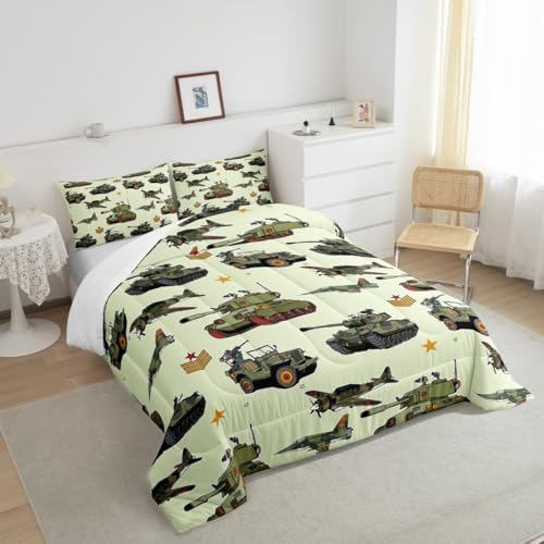 Manfei Aircraft Tank Comforter Set Twin Size, Green Camo Helicopter Airplane Bedding Set 2pcs for Kids Boys Teens Room Decor, Military Army Equipment Down Comforter with 1 Pillowcase, No Sheets