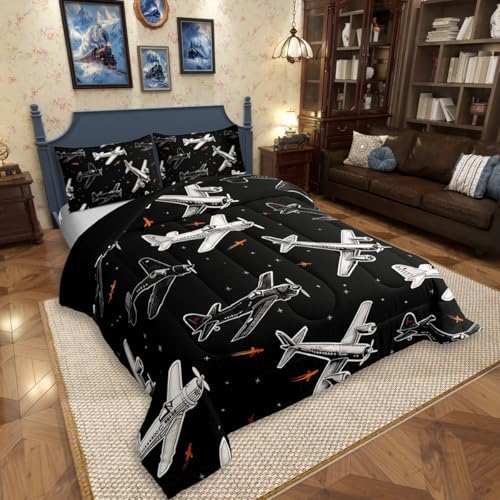 Erosebridal Boys Cartoon Airplane Bedding Set Toddler, Modern Aircraft Comforter Set, Black and White Comforter, Aviation Theme Duvet Insert with 1 Pillowcase for Kids Men Bedroom Decor, 2 Pcs
