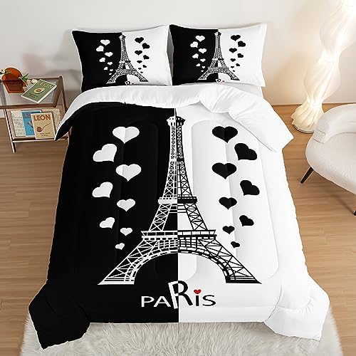 HOSIMA Black and White Stitching Love Heart Paris Bedroom Comforter Set,Eiffel Tower Modern French Style Bedroom Decor,Romantic Sweet Couple Twin Comforter with 2 Pillow Cases.