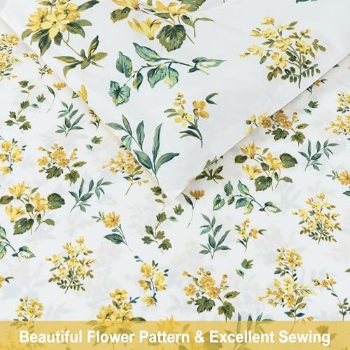 lasoftan Floral King Comforter Set with Sheets, 7 piece Luxury Vintage Bedding, Soft Microfiber Bed in a Bag, Cozy Lightweight Bed Set, Yellow Flower Green Leaves