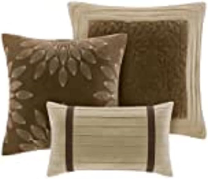 Madison Park Palmer Comforter Set - Faux Suede Design, Striped Accent, All Season Down Alternative Bedding, Matching Shams, Decorative Pillow, Bed Skirt, King (104 in x 92 in), Natural 7 Piece