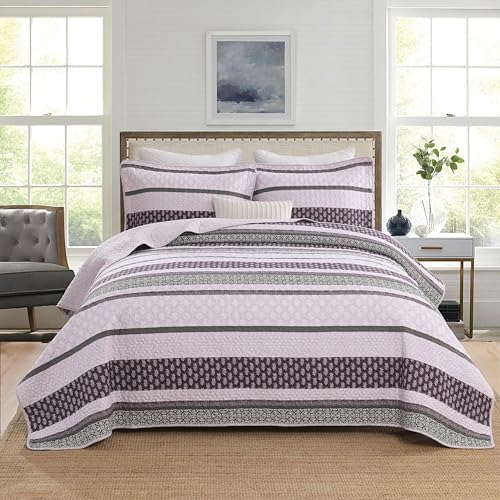 Homzard King Size Comforter Set, Cotton Quilt, Purple and Grey Bedding Set, Lightweight Striped Bedspread, Reversible Coverlet King Size (106"X98") with 2 Pillow Shams All Season