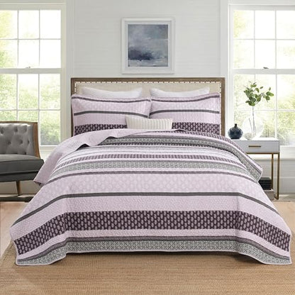 Homzard Quilts Queen Size, Cotton Comforter Set, Purple and Grey Queen Bed Set,Lightweight Striped Bedding, Farmhouse Bedspread All Season 3 Pieces