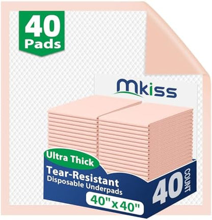 MKISS Tear-Resistant Bed Pads 40" x 40"(40 Count), Disposable Super Absorbent Incontinence Underpads, Extra Large and Thicken Chucks Pads for Adults, Children, Babies, Elderly and Pets