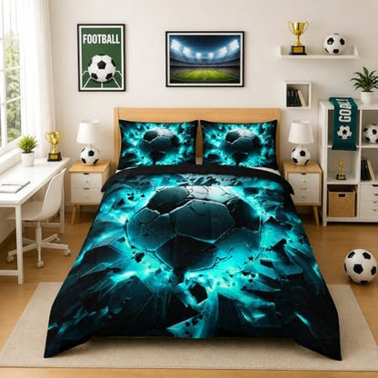 Nttopship Soccer Bedding Comforter Set Twin Size for Kids Teens and Adults, Turquoise Black Football Printed Bedding Sets 3 PCS,Ball Sports Themed Bedroom Decor with 1 Comforter and 2 Pillowcases