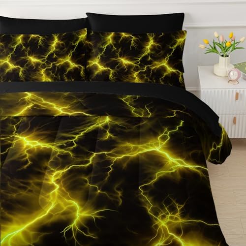 QOOMO Yellow Lightning 7 Pieces Comforter Set Queen,Neon Bedding Set